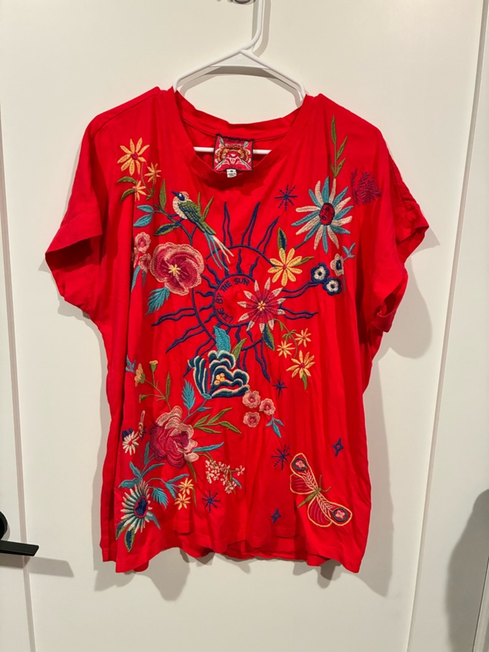 Johnny Was Red Embroidered Floral & Sun Tee